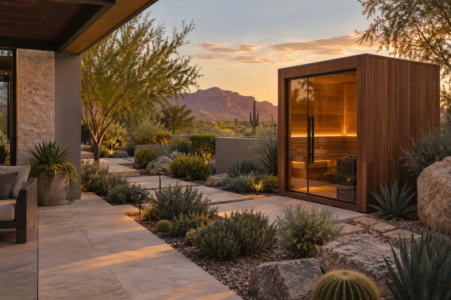 Concept image of a wood outdoor sauna integrated with stone paving and Sonoran desert planting