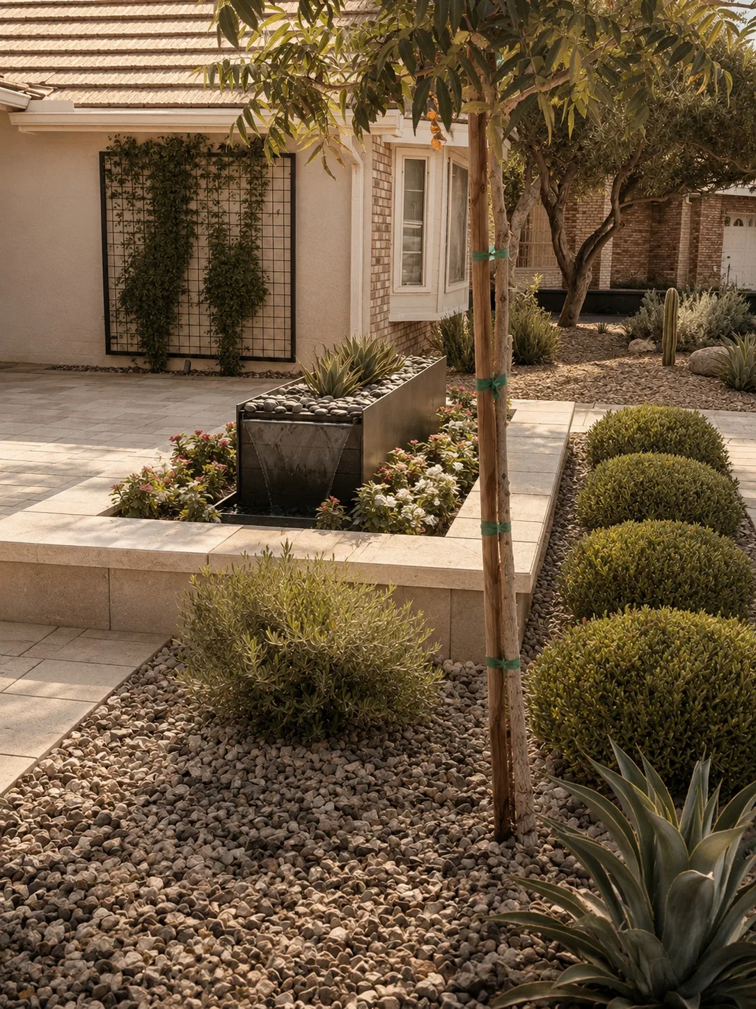 Concept image of sculptural desert plants around a front courtyard