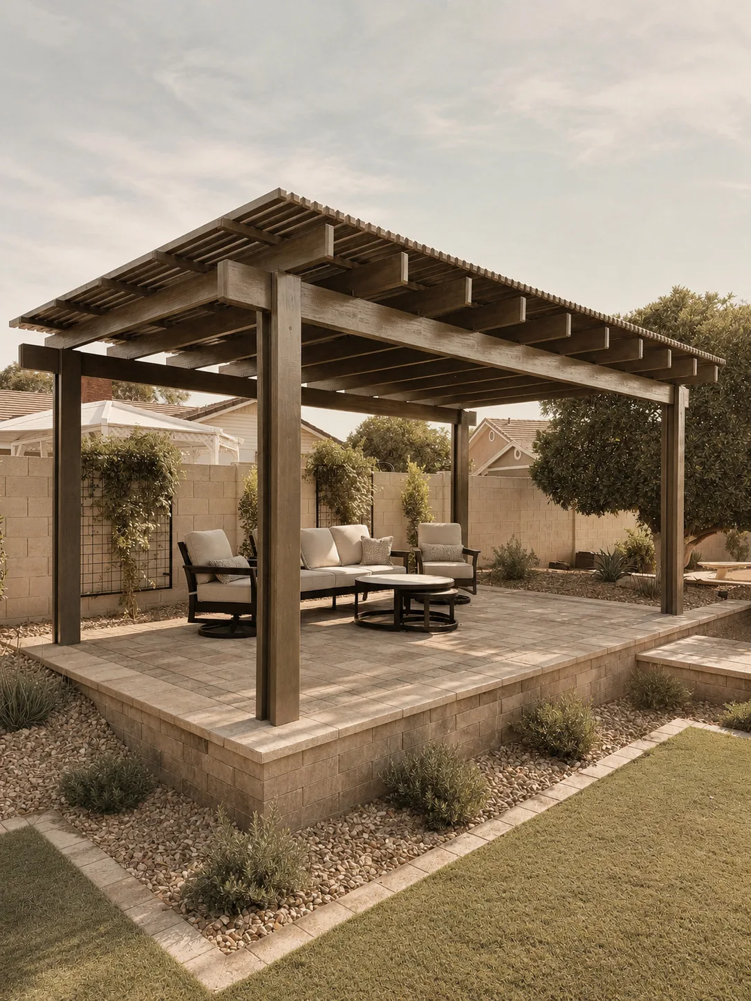 Concept image of a garden pavilion with seating and desert planting