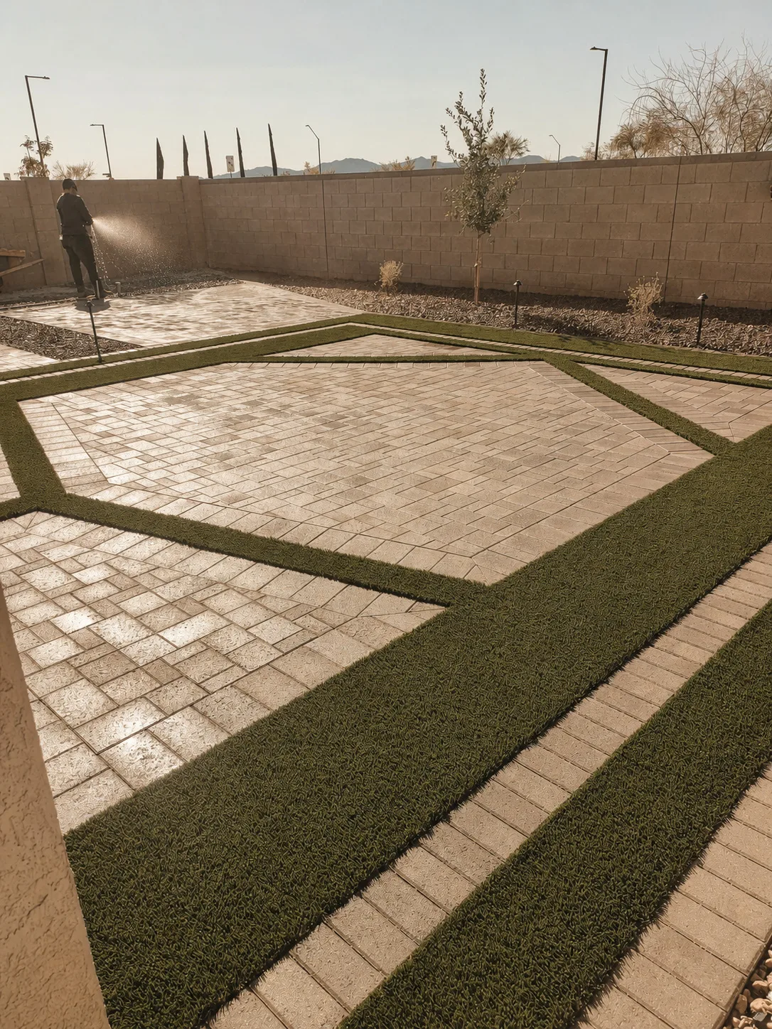 Concept image of stone pavers with turf bands