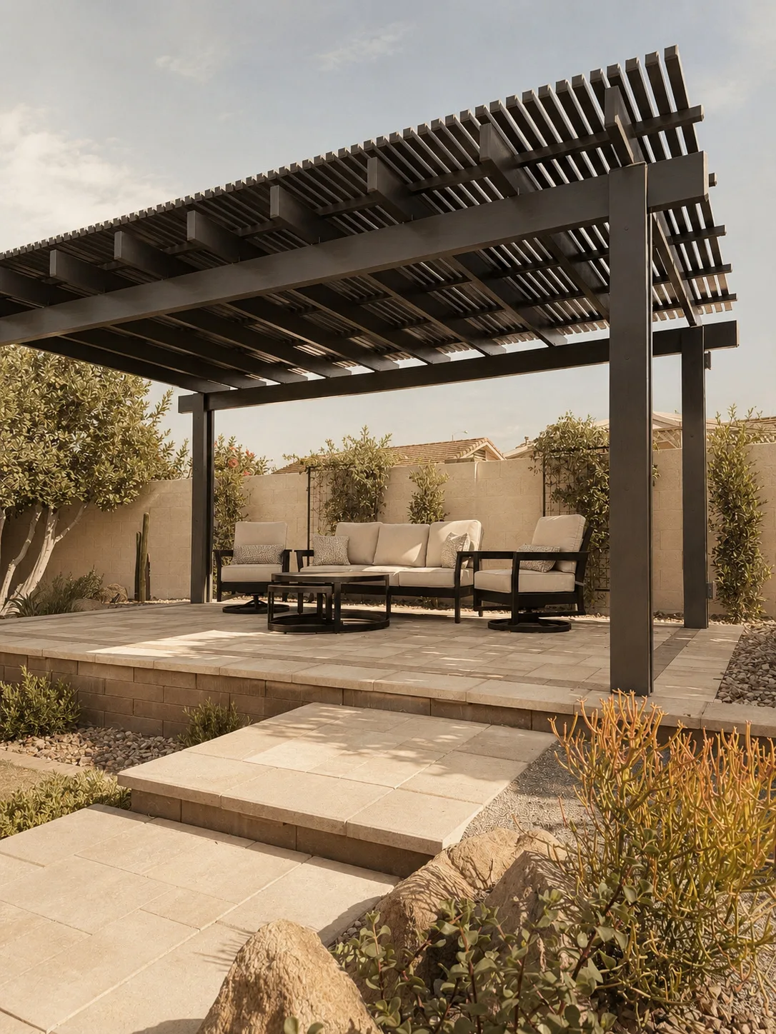 Concept image of a pergola lounge with desert planting